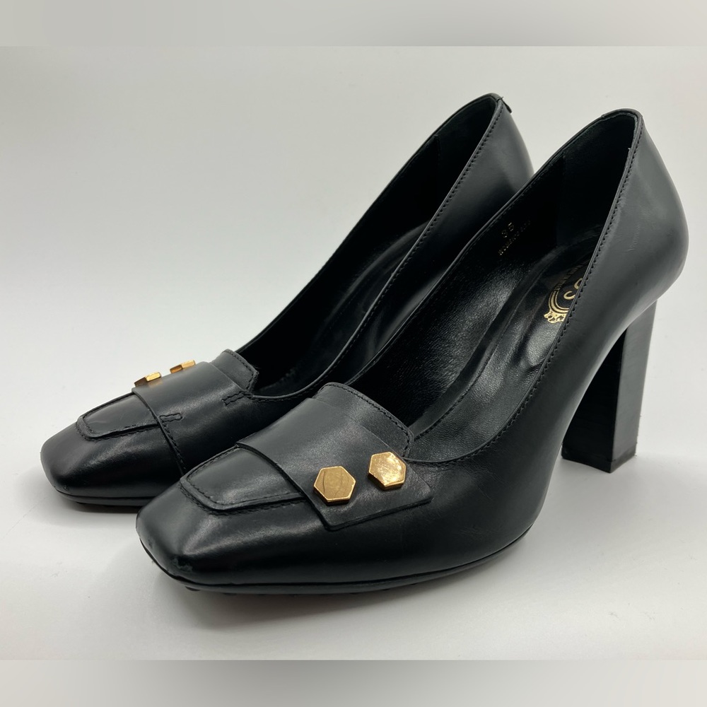 Tod`s Black Leather Square Toe Heels Size 35/5 - Picture 2 of 13